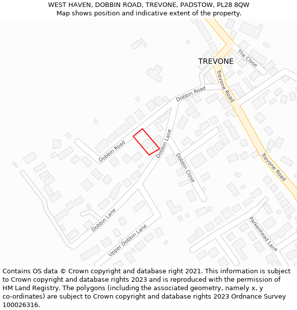 WEST HAVEN, DOBBIN ROAD, TREVONE, PADSTOW, PL28 8QW: Location map and indicative extent of plot