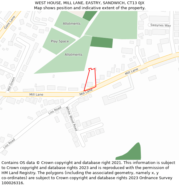 WEST HOUSE, MILL LANE, EASTRY, SANDWICH, CT13 0JX: Location map and indicative extent of plot