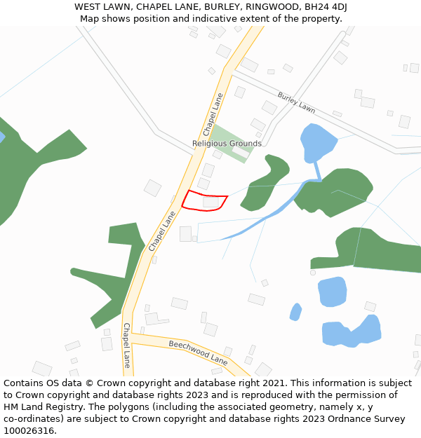 WEST LAWN, CHAPEL LANE, BURLEY, RINGWOOD, BH24 4DJ: Location map and indicative extent of plot