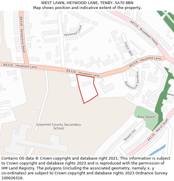 WEST LAWN, HEYWOOD LANE, TENBY, SA70 8BN: Location map and indicative extent of plot
