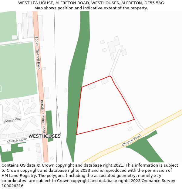 WEST LEA HOUSE, ALFRETON ROAD, WESTHOUSES, ALFRETON, DE55 5AG: Location map and indicative extent of plot