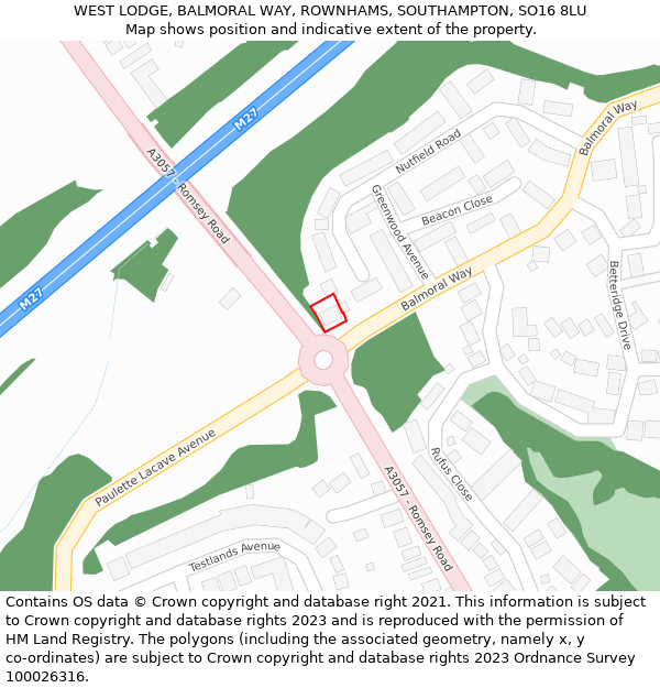 WEST LODGE, BALMORAL WAY, ROWNHAMS, SOUTHAMPTON, SO16 8LU: Location map and indicative extent of plot