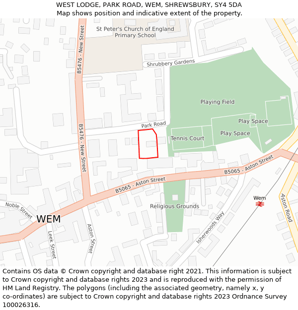 WEST LODGE, PARK ROAD, WEM, SHREWSBURY, SY4 5DA: Location map and indicative extent of plot