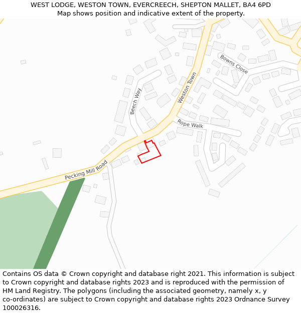 WEST LODGE, WESTON TOWN, EVERCREECH, SHEPTON MALLET, BA4 6PD: Location map and indicative extent of plot