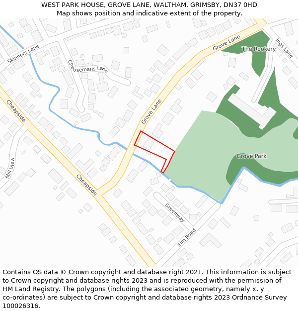 WEST PARK HOUSE, GROVE LANE, WALTHAM, GRIMSBY, DN37 0HD: Location map and indicative extent of plot