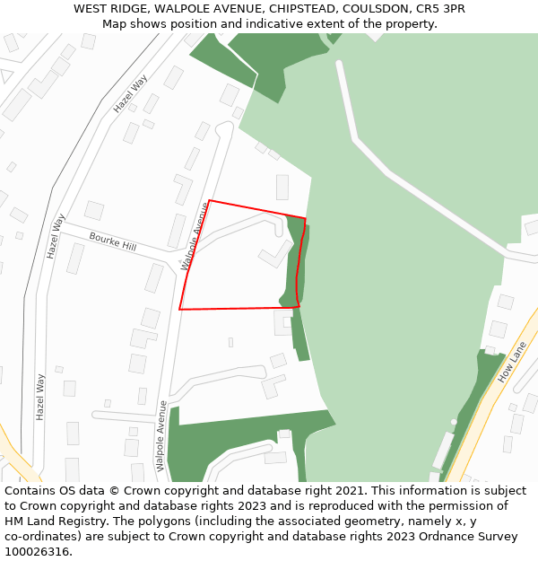 WEST RIDGE, WALPOLE AVENUE, CHIPSTEAD, COULSDON, CR5 3PR: Location map and indicative extent of plot