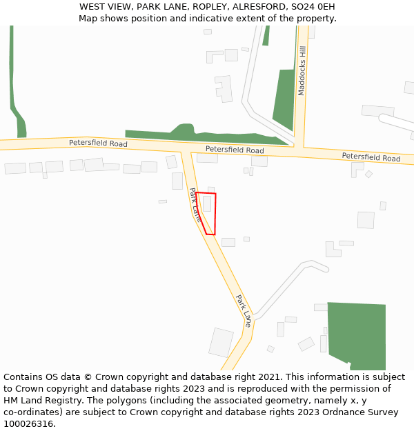 WEST VIEW, PARK LANE, ROPLEY, ALRESFORD, SO24 0EH: Location map and indicative extent of plot