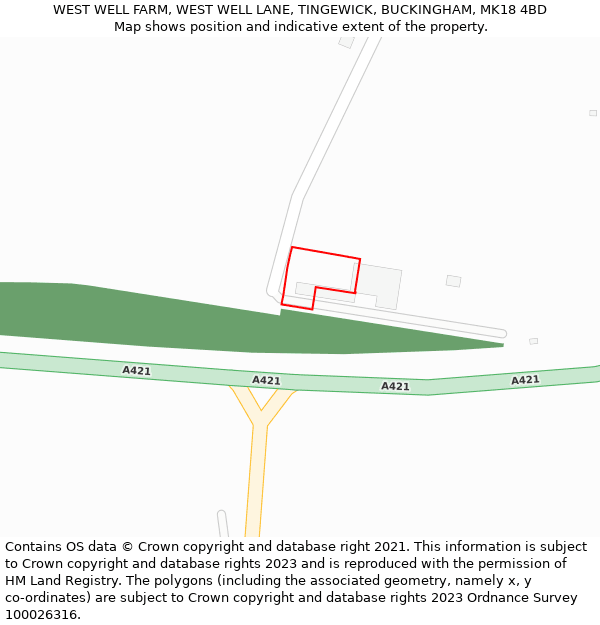 WEST WELL FARM, WEST WELL LANE, TINGEWICK, BUCKINGHAM, MK18 4BD: Location map and indicative extent of plot