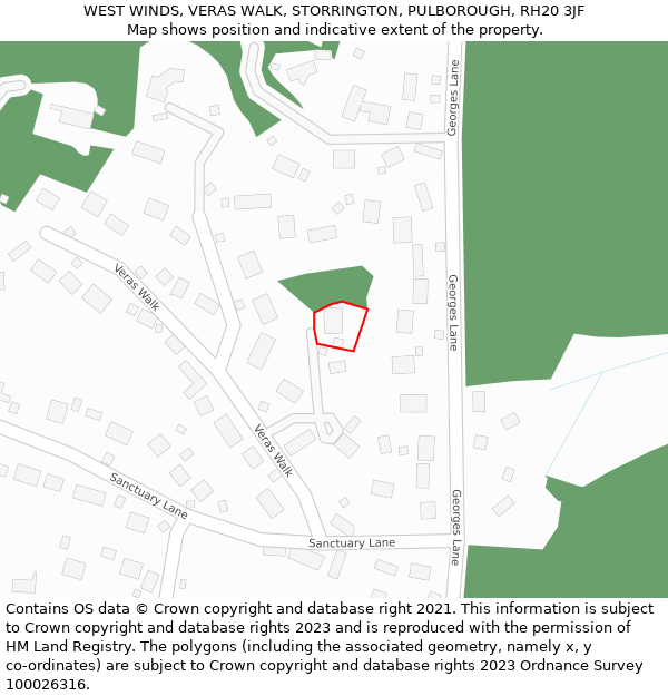 WEST WINDS, VERAS WALK, STORRINGTON, PULBOROUGH, RH20 3JF: Location map and indicative extent of plot