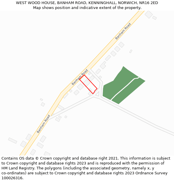 WEST WOOD HOUSE, BANHAM ROAD, KENNINGHALL, NORWICH, NR16 2ED: Location map and indicative extent of plot