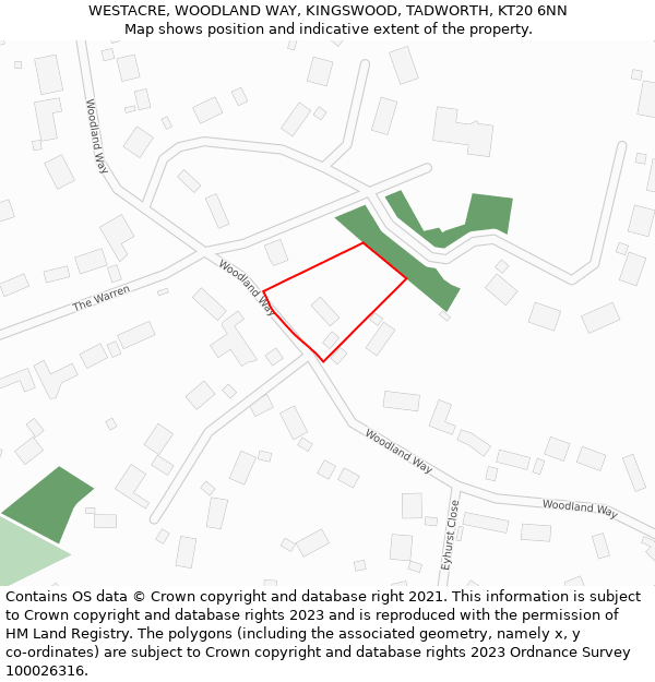 WESTACRE, WOODLAND WAY, KINGSWOOD, TADWORTH, KT20 6NN: Location map and indicative extent of plot