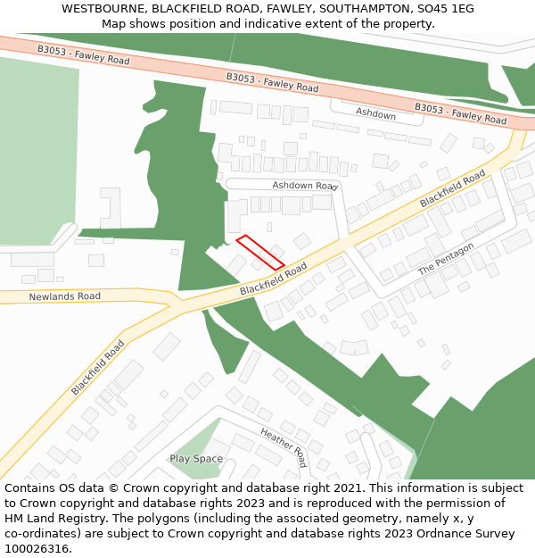 WESTBOURNE, BLACKFIELD ROAD, FAWLEY, SOUTHAMPTON, SO45 1EG: Location map and indicative extent of plot