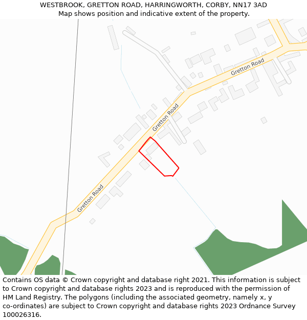 WESTBROOK, GRETTON ROAD, HARRINGWORTH, CORBY, NN17 3AD: Location map and indicative extent of plot