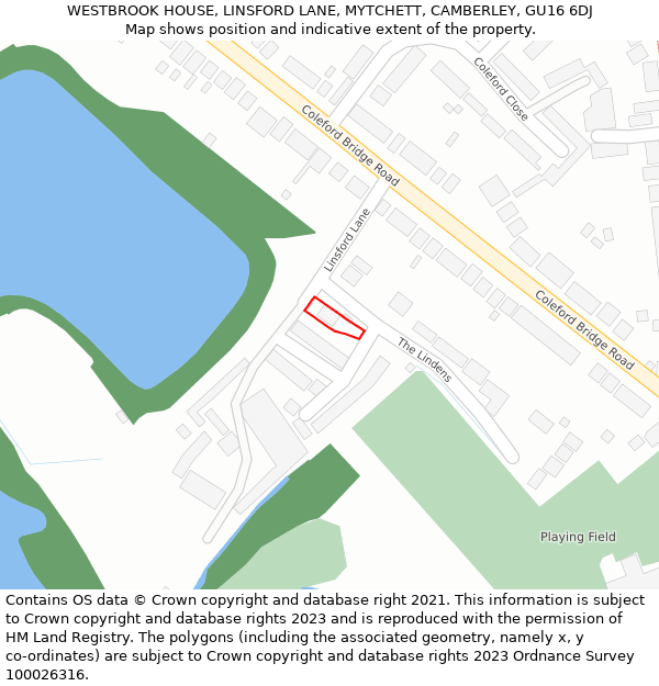 WESTBROOK HOUSE, LINSFORD LANE, MYTCHETT, CAMBERLEY, GU16 6DJ: Location map and indicative extent of plot