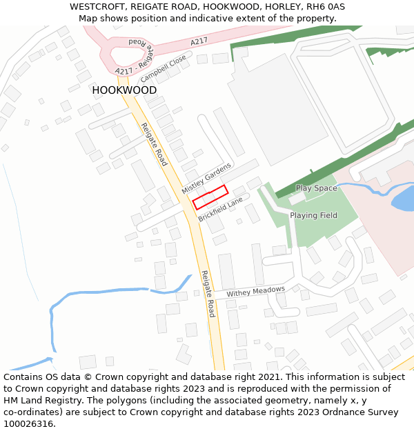 WESTCROFT, REIGATE ROAD, HOOKWOOD, HORLEY, RH6 0AS: Location map and indicative extent of plot