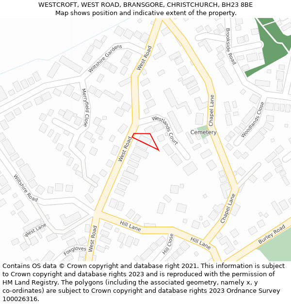 WESTCROFT, WEST ROAD, BRANSGORE, CHRISTCHURCH, BH23 8BE: Location map and indicative extent of plot