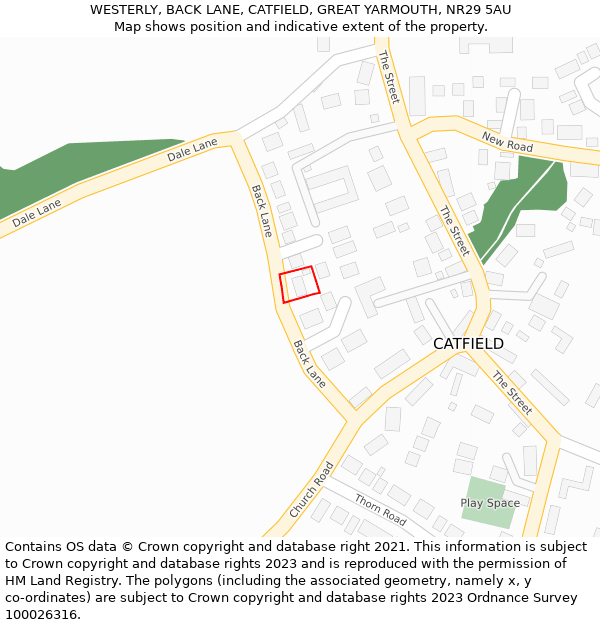 WESTERLY, BACK LANE, CATFIELD, GREAT YARMOUTH, NR29 5AU: Location map and indicative extent of plot