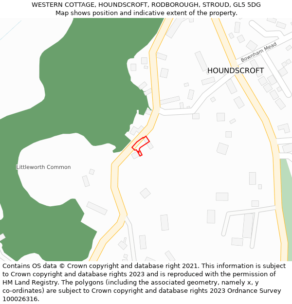 WESTERN COTTAGE, HOUNDSCROFT, RODBOROUGH, STROUD, GL5 5DG: Location map and indicative extent of plot