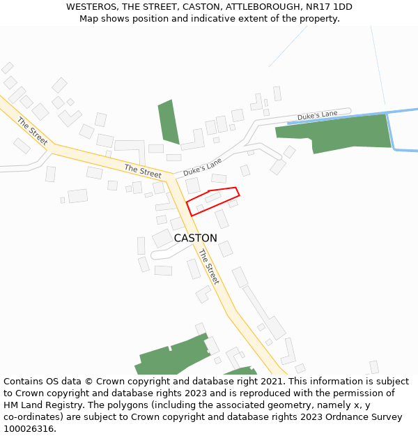 WESTEROS, THE STREET, CASTON, ATTLEBOROUGH, NR17 1DD: Location map and indicative extent of plot