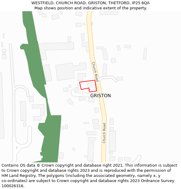 WESTFIELD, CHURCH ROAD, GRISTON, THETFORD, IP25 6QA: Location map and indicative extent of plot