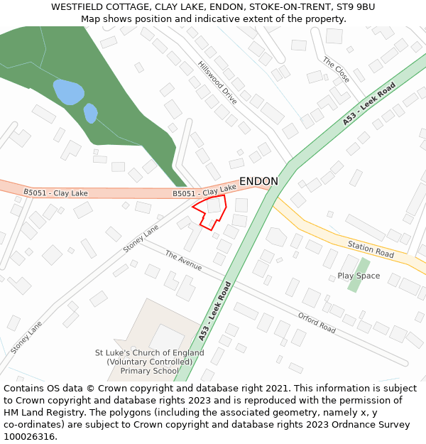 WESTFIELD COTTAGE, CLAY LAKE, ENDON, STOKE-ON-TRENT, ST9 9BU: Location map and indicative extent of plot