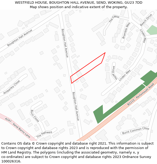 WESTFIELD HOUSE, BOUGHTON HALL AVENUE, SEND, WOKING, GU23 7DD: Location map and indicative extent of plot