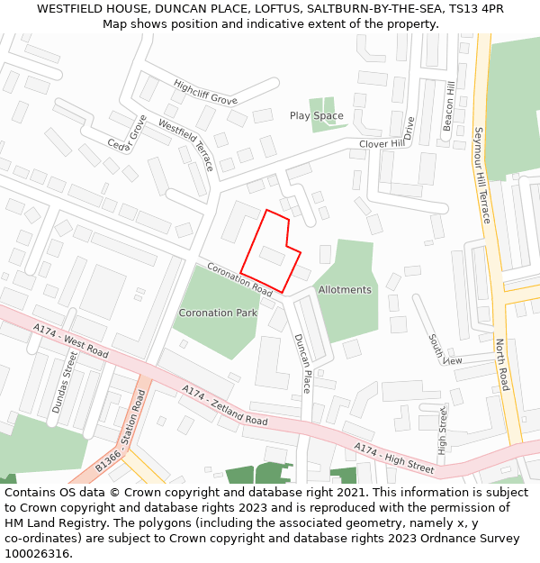 WESTFIELD HOUSE, DUNCAN PLACE, LOFTUS, SALTBURN-BY-THE-SEA, TS13 4PR: Location map and indicative extent of plot