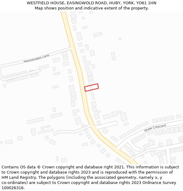 WESTFIELD HOUSE, EASINGWOLD ROAD, HUBY, YORK, YO61 1HN: Location map and indicative extent of plot