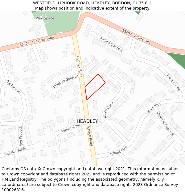 WESTFIELD, LIPHOOK ROAD, HEADLEY, BORDON, GU35 8LL: Location map and indicative extent of plot