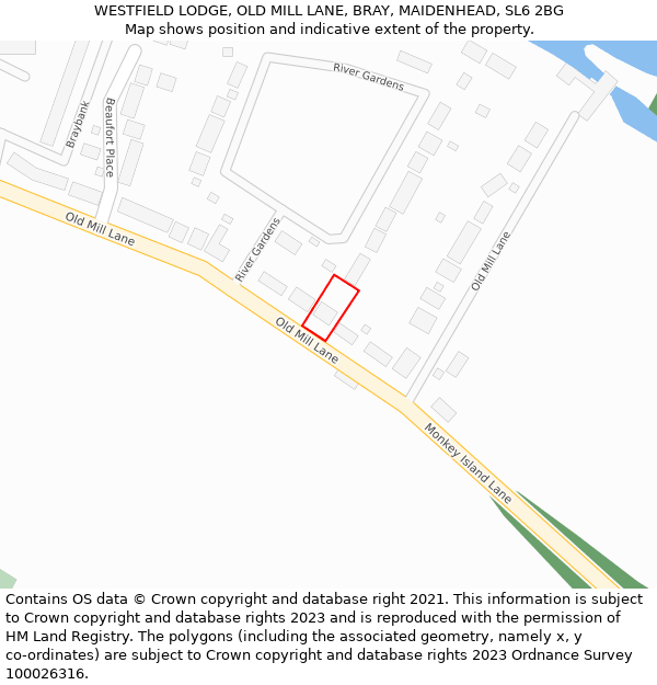 WESTFIELD LODGE, OLD MILL LANE, BRAY, MAIDENHEAD, SL6 2BG: Location map and indicative extent of plot