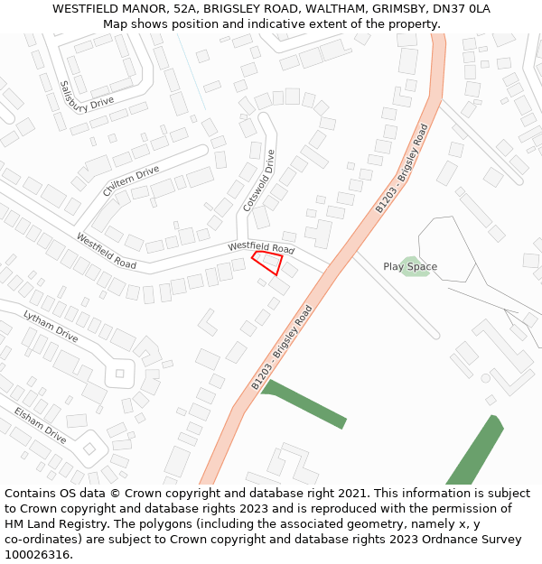 WESTFIELD MANOR, 52A, BRIGSLEY ROAD, WALTHAM, GRIMSBY, DN37 0LA: Location map and indicative extent of plot