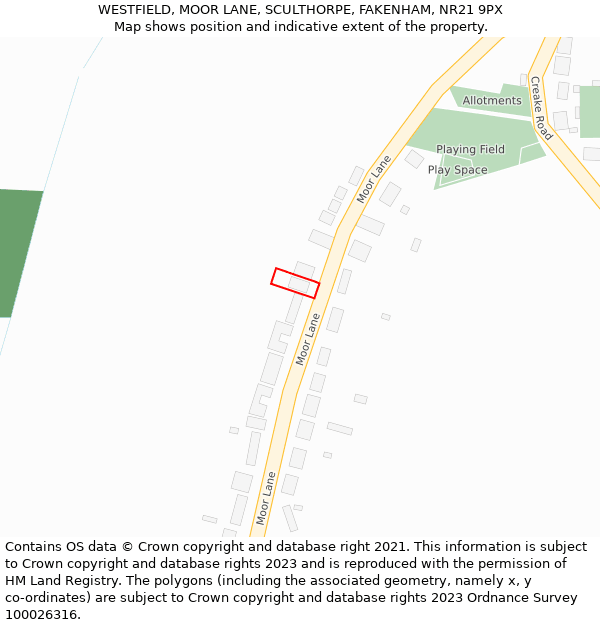 WESTFIELD, MOOR LANE, SCULTHORPE, FAKENHAM, NR21 9PX: Location map and indicative extent of plot