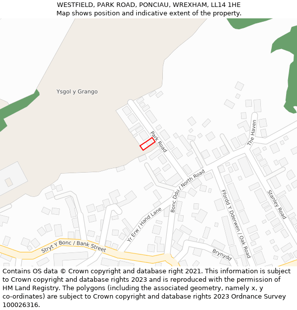 WESTFIELD, PARK ROAD, PONCIAU, WREXHAM, LL14 1HE: Location map and indicative extent of plot