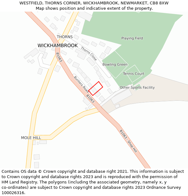 WESTFIELD, THORNS CORNER, WICKHAMBROOK, NEWMARKET, CB8 8XW: Location map and indicative extent of plot