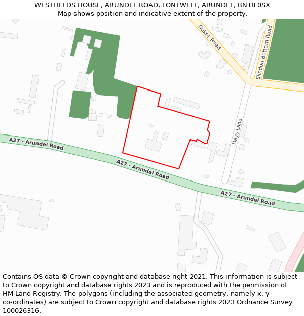 WESTFIELDS HOUSE, ARUNDEL ROAD, FONTWELL, ARUNDEL, BN18 0SX: Location map and indicative extent of plot