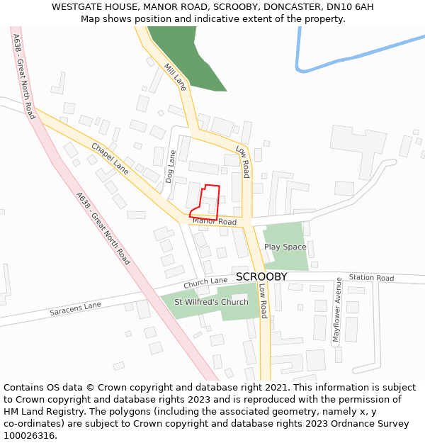WESTGATE HOUSE, MANOR ROAD, SCROOBY, DONCASTER, DN10 6AH: Location map and indicative extent of plot
