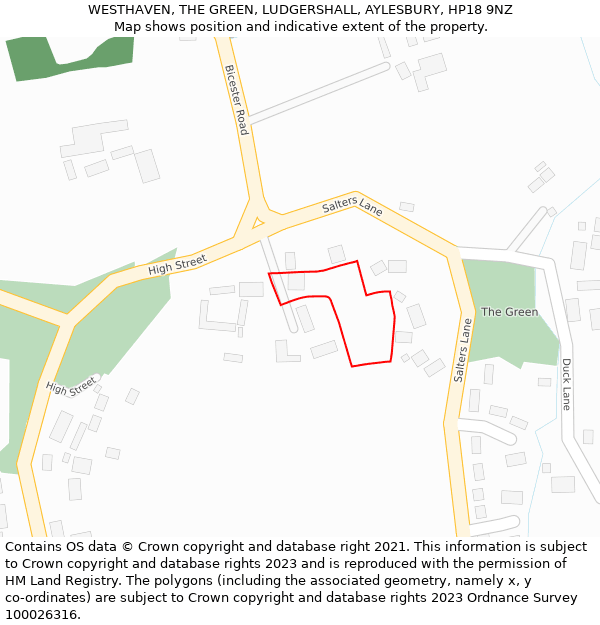 WESTHAVEN, THE GREEN, LUDGERSHALL, AYLESBURY, HP18 9NZ: Location map and indicative extent of plot