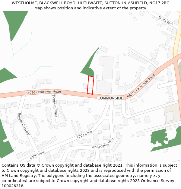 WESTHOLME, BLACKWELL ROAD, HUTHWAITE, SUTTON-IN-ASHFIELD, NG17 2RG: Location map and indicative extent of plot