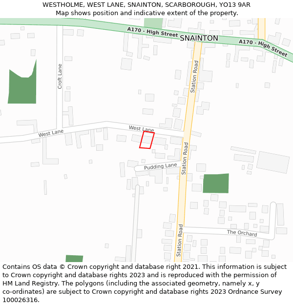 WESTHOLME, WEST LANE, SNAINTON, SCARBOROUGH, YO13 9AR: Location map and indicative extent of plot