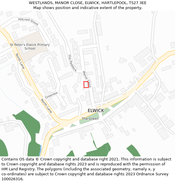 WESTLANDS, MANOR CLOSE, ELWICK, HARTLEPOOL, TS27 3EE: Location map and indicative extent of plot