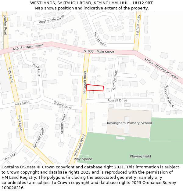 WESTLANDS, SALTAUGH ROAD, KEYINGHAM, HULL, HU12 9RT: Location map and indicative extent of plot