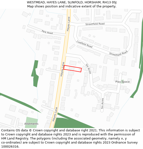 WESTMEAD, HAYES LANE, SLINFOLD, HORSHAM, RH13 0SJ: Location map and indicative extent of plot