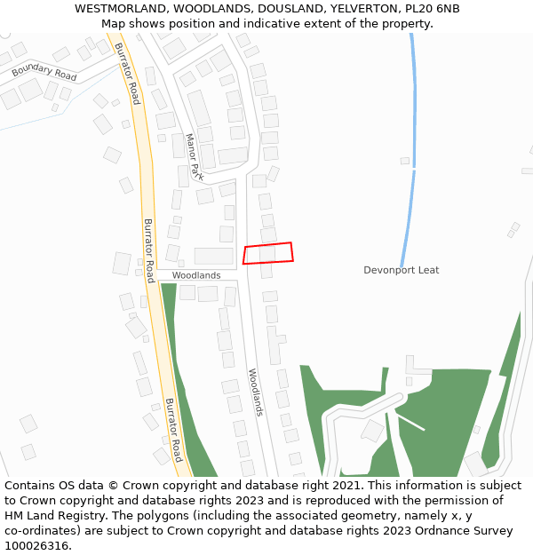 WESTMORLAND, WOODLANDS, DOUSLAND, YELVERTON, PL20 6NB: Location map and indicative extent of plot