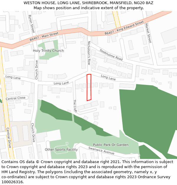 WESTON HOUSE, LONG LANE, SHIREBROOK, MANSFIELD, NG20 8AZ: Location map and indicative extent of plot