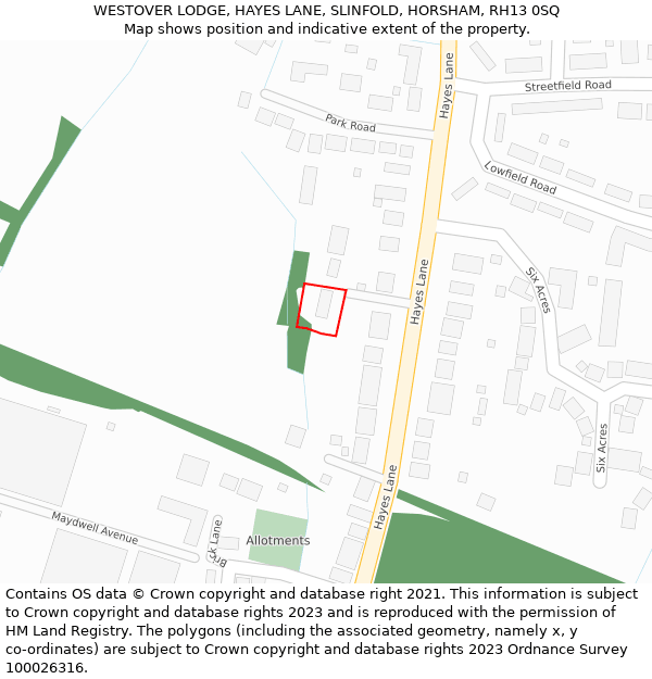 WESTOVER LODGE, HAYES LANE, SLINFOLD, HORSHAM, RH13 0SQ: Location map and indicative extent of plot