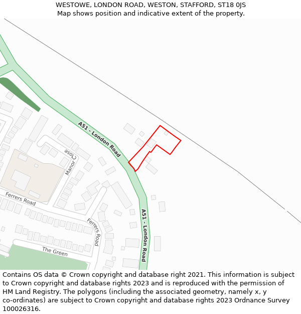 WESTOWE, LONDON ROAD, WESTON, STAFFORD, ST18 0JS: Location map and indicative extent of plot