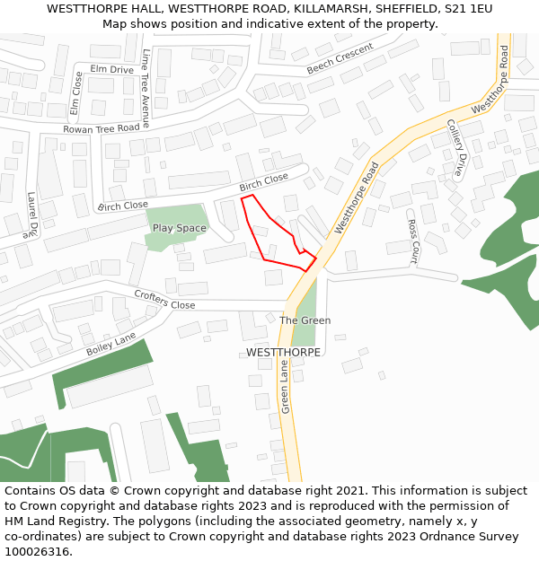 WESTTHORPE HALL, WESTTHORPE ROAD, KILLAMARSH, SHEFFIELD, S21 1EU: Location map and indicative extent of plot