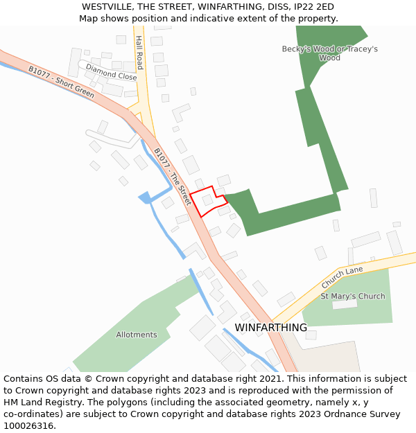 WESTVILLE, THE STREET, WINFARTHING, DISS, IP22 2ED: Location map and indicative extent of plot