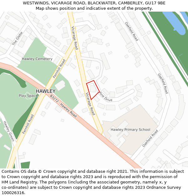 WESTWINDS, VICARAGE ROAD, BLACKWATER, CAMBERLEY, GU17 9BE: Location map and indicative extent of plot