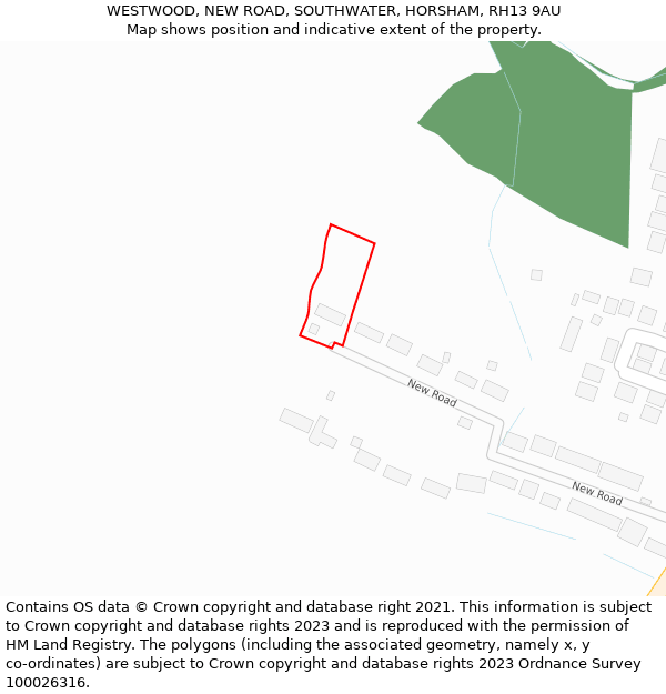 WESTWOOD, NEW ROAD, SOUTHWATER, HORSHAM, RH13 9AU: Location map and indicative extent of plot